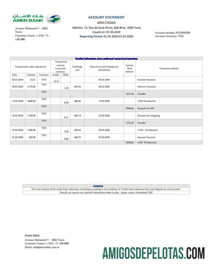 Extrato bancário Tunísia Amen para impressão, modelo fácil de preencher em formato Word e PDF